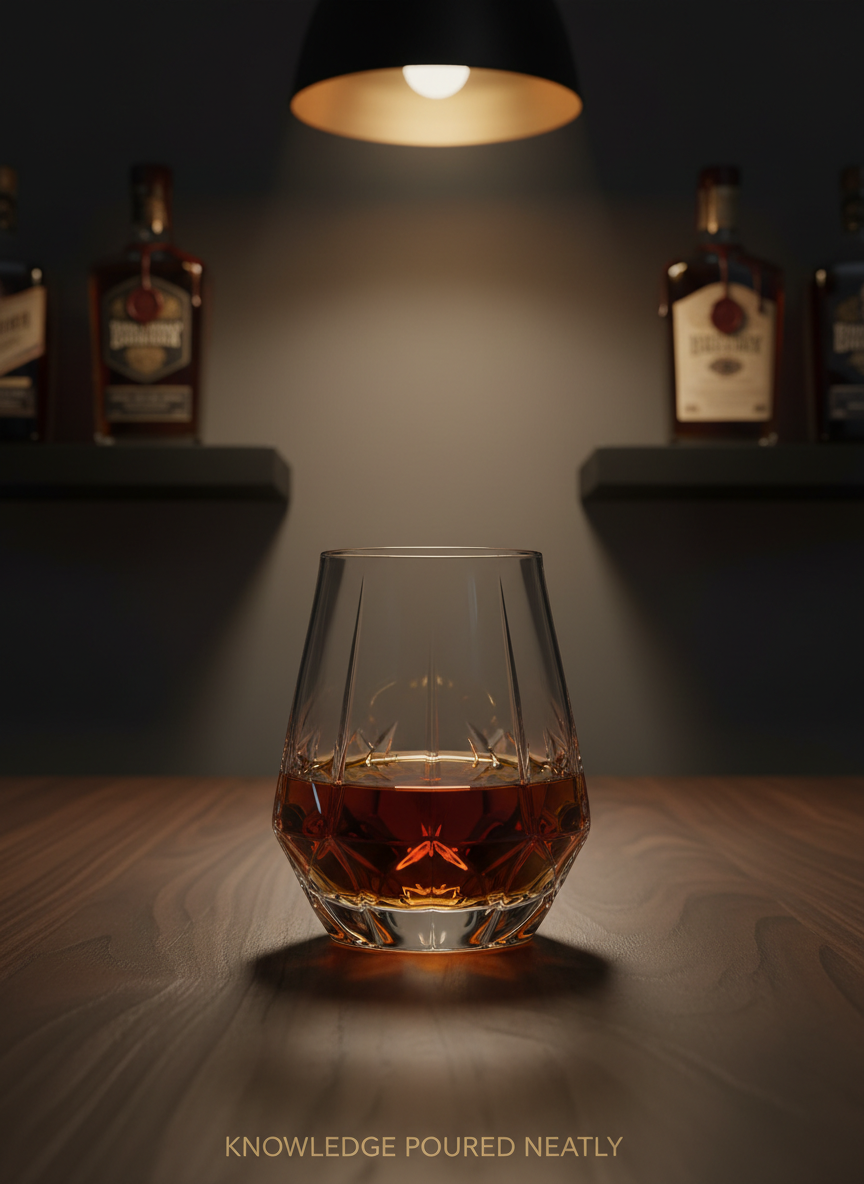 An exquisite crystal Glencairn glass half-filled with rich amber bourbon, its thick liquid clinging to the sides in delicate legs, resting on a dark walnut tasting table with a subtle satin finish. In the background, out of focus, stand a few distinctive bourbon bottles with ornate labels and wax seals on a matte black shelf. Warm, low pendant lighting above casts a golden glow through the glass, creating intricate reflections and soft shadows. The photographic realism captures every detail of the glass and wood grain, shot at eye level with a shallow depth of field. The mood is sophisticated and contemplative, echoing the tagline “Knowledge Poured Neatly” through its clean, modern composition and restrained color palette of ambers, browns, and deep charcoal.