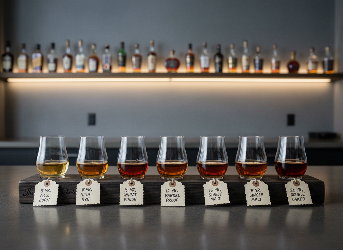 A curated bourbon tasting flight arranged in a precise row on a custom dark oak paddle engraved subtly with “The Bourbon Scholar.” Each small tulip-shaped glass holds a different shade of bourbon, from light honey to deep mahogany, with handwritten-style tags describing age and mash bill beside each glass. The setting is a minimalist tasting bar with slate-gray walls and a single backlit shelf lined with neatly spaced bottles. Soft, directional spotlighting from above highlights the color variations, while the rest of the room falls into a tasteful blur. Photographic realism with a slightly elevated angle emphasizes order and clarity. The atmosphere feels scholarly yet indulgent, inviting a thoughtful exploration of flavor and knowledge in a refined, modern environment.