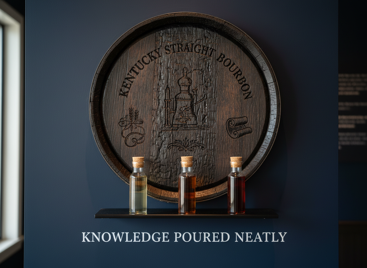 A close-up of a polished charred-oak barrel head mounted vertically on a deep navy wall, its branding iron marks reading “Kentucky Straight Bourbon” with detailed distillery motifs. Below, a narrow black metal ledge holds three precisely spaced sample bottles in laboratory-style clear glass vials, each filled with bourbon of varying hues. Subtle white serif lettering on the wall reads “Knowledge Poured Neatly,” impeccably aligned. Side lighting from an unseen window grazes the barrel’s surface, accentuating wood grain and char texture while leaving the background in a refined, soft blur. Photographic realism with a centered, symmetrical composition creates a modern, gallery-like presentation. The atmosphere is quietly authoritative and sophisticated, evoking a curated study of bourbon history and science rather than casual drinking.