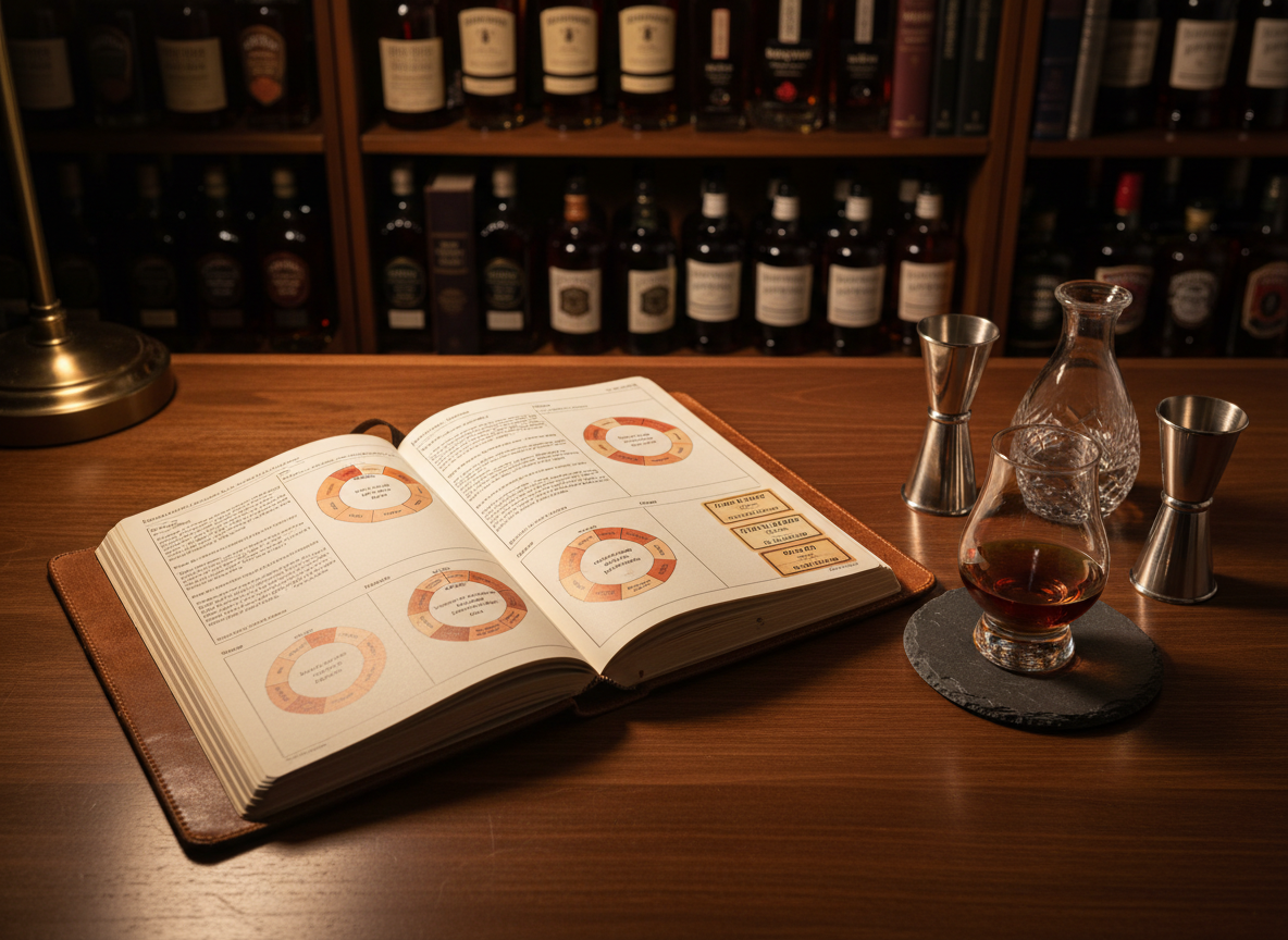 An open leather-bound tasting journal on a smooth, espresso-stained desk, pages filled with neat printed tasting notes, flavor wheel diagrams, and carefully arranged sample labels. Beside the journal, a single Glencairn glass of deep copper bourbon sits on a round slate coaster, with a precision stainless-steel jigger and a small cut-crystal water carafe nearby. The background reveals blurred shelves of organized bourbon bottles and reference books with gilt titles. Soft, warm desk-lamp lighting pools over the journal and glass, casting crisp yet gentle shadows that feel studious and intimate. Captured from a top-down, slightly angled perspective in photographic realism, the composition balances negative space and rich textures. The mood is intellectual, calm, and sophisticated, emphasizing the pursuit of knowledge through structured bourbon tasting.